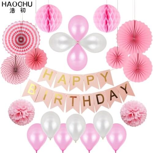 34pcs/lot Latex Balloon Paper Party Decoration Set Birthday Letter Banner Garland Tissue Paper Fan Honeycomb Ball Flowers Pink