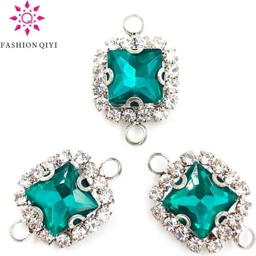 8mm 10pcs/bag Double loop sew on rhinestones Malachite green glass crystal square Silver bottom Crystal button DIY accessories