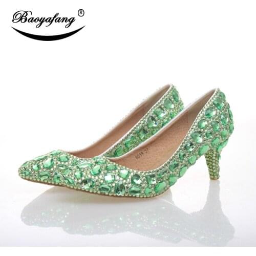 BaoYaFang Womens Wedding shoes Green crystal high heels pointed Toe shoes Real leather insole woman party dress shoes 6cm heel