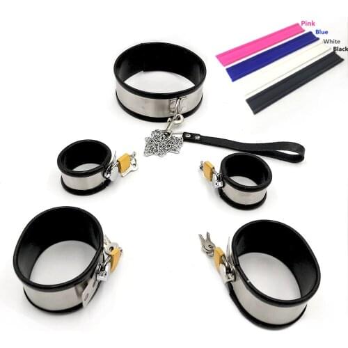 BDSM bondage set stainless steel silicone neck collar hand ankle cuffs slave restraints handcuffs fetish sex toys for couples