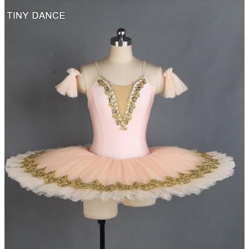 Pale Pink Spandex Professional Ballet Dance Tutu with Gold Sequin Trim Adult Girls Solo Dance Costume Platter Tutu Dress BLL411