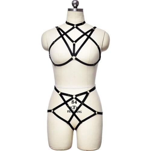 Black Goth Crop Top Bra Open Chest Body Cage Rave Wear Bondage Lingerie Set Elastic Strap UnderPants Women Body Harness Bra