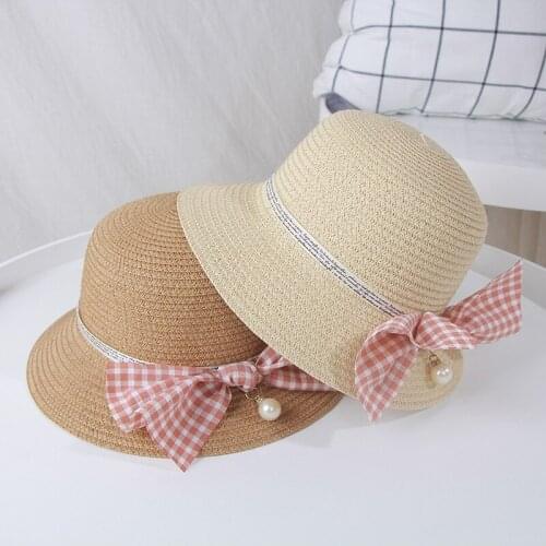 H7424 Childrens Sunshade Straw Sun Hat Kids Princess Beach Sunscreen Bowknot Pearl Cap Girls Summer Sun Protection Sweet Caps