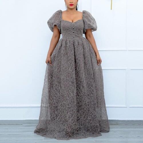Elegant Grey Dress Womens for Wedding Party Long Square Neck Lantern Sleeve High Waisted Floor Length Luxury Fashion Vestidos