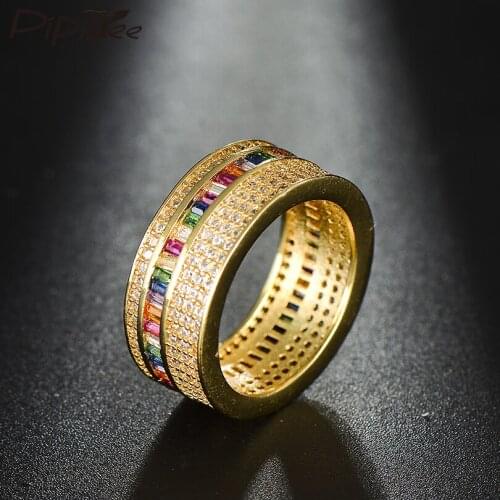Pipitree Wide Gold Finger Ring for Women AAA Cubic Zircon Ring Pave Setting Wedding Party Accessory Jewelry Anillos Mujer Bague