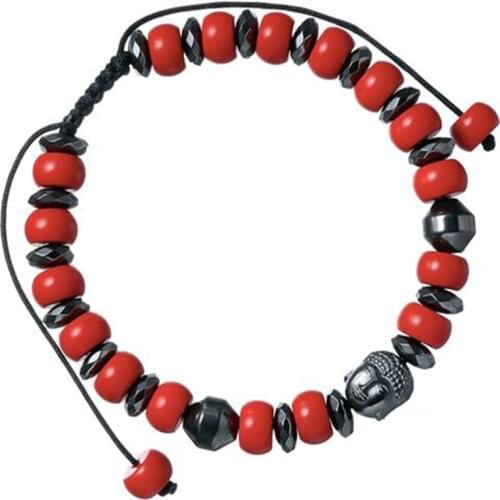 Natural Black Hematite Healing Stone Bead Flat Chunky Red Coral Beaded Buddha Charm Adjustable Macrame Energy Bracelet Man Women