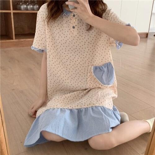 Floral Print Summer Nightgown Women Kawaii Patchwork Loose Long Sleepwear Casual Cotton Homewear Buttons O-Neck Short Sleeve