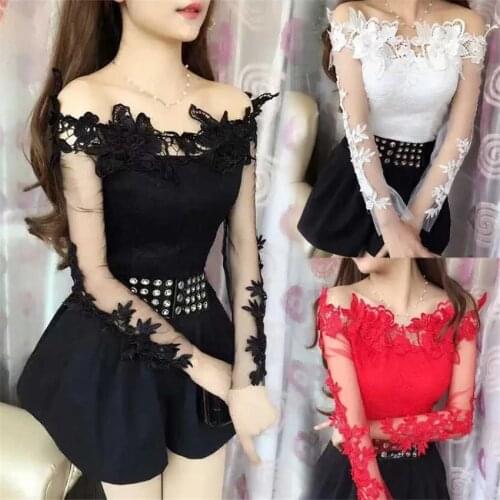 2021 New Women Embroidery Floral Lace Blouse Elegant Summer Lady Off Shoulder Mesh Blousas Shirt Bottomings Pullovers Fairy 1364
