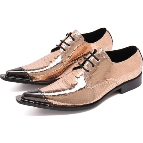 Shoes for men snake skin Print gold genuine leather wedding derby shoes classic steel to mens oxford gentleman sapato social