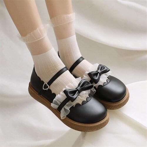 PXELENA 2021 Spring Sweet Mary Janes Flat Mary Janes Shoes for Girls Ruffles Ankle Strap Princess Lolita Dress Student Footwear