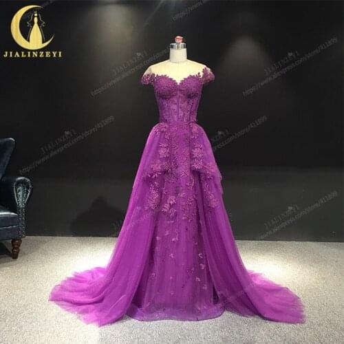 JIALINZEYI Real Sample Cap Sleeves Lace Appliques Mermaid Purple Sxey Two Pieces formal Dress for Party Evening Dresses