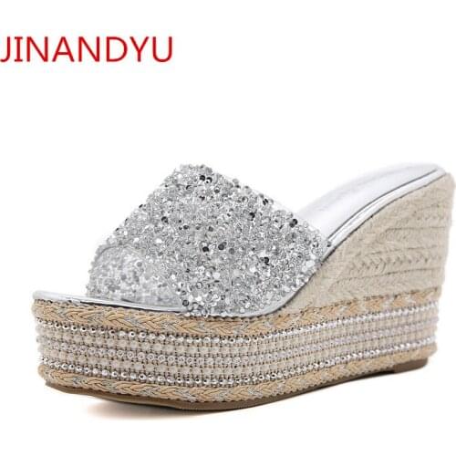 Platforms Summer Shoes Woman Wedges Slippers Bling Silver Gold High Heels Chunky Sandals New Comfy Casuales High Heel Slippers