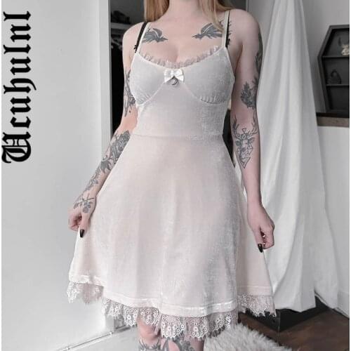 Ucuhulnl Dark Velvet Dress Women Punk Harajuku Lace Trim Spaghetti Strap High Waist Dress Emo Alt Y2k Mall Goth Partywear