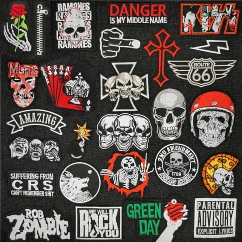 Fine Skull Punk Embroidered Patches for Clothing Black White Badges Rock Band Appliques Iron On Sticker Red Cross Clothes Patch