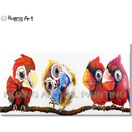 Funny Designed 4 Birds Friend Oil Painting on Canvas Artist Hand Painted Funny Dancer Birds Animal Oil Painting for Living Room