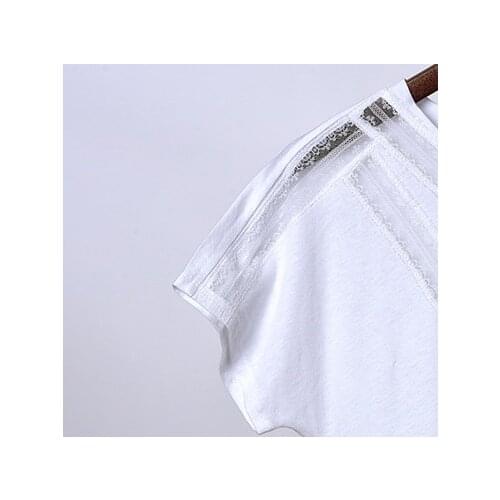 Women T-shirt 2020 Spring and Summer New Temperament Ladies Round Neck Lace Decoration All-match Short-sleeved T-shirt Women