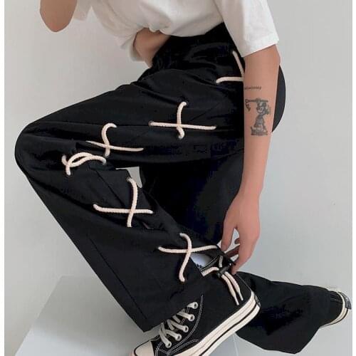 Foufurieux Woman Pants Stretch High Waist Long Trousers Causal 2021 Autumn New Cross Bandage Straight Pants Japanese Streetwear