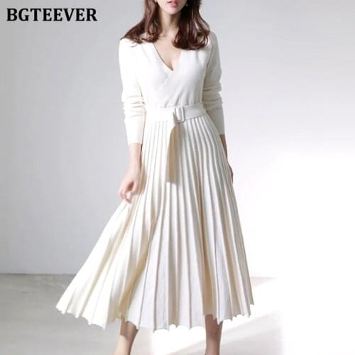 BGTEEVER Elegant V-neck Thick Warm Women Knitted Pleated Dress Long Sleeve Belted Sashes Ladies Sweater Dress 2020 Autumn Winter