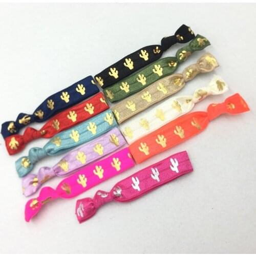 11 Colors 120pcs/Lot 5/8" Tropical Cactus Silver Gold Foil Fold Over Elastic Hair Band Letter FOE Ribbon Bracelet Ponytail Holde