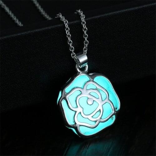 12pcs Romantic Womens Girl Luminous Rose Flower Necklace Hollow Out Glowing Pendant Silver Plated Chain necklace Party Supplies