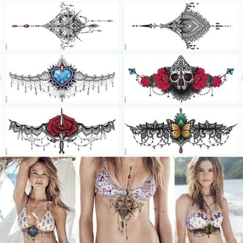 2016 6PCS Sexy chest jewelry tattoo BIG Size 295MM x 130MM Body Art tatoo Temporary Tattoo Exotic Sexy Tattoo Stickers