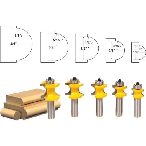 5pcs/set Bit Bullnose Router Bit Set C3 Carbide Tipped 1/2" Shank