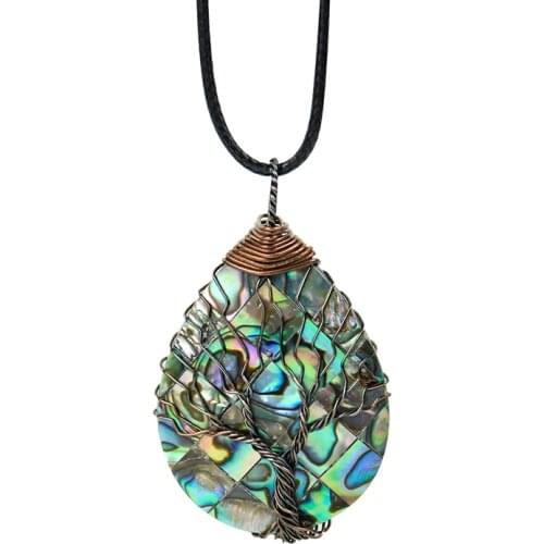 1pc Natural Abalone Shell tear Water drop Tree of Life Pendant Necklace handmade Copper Wire Wrap woman Jewelry mothers day Gift