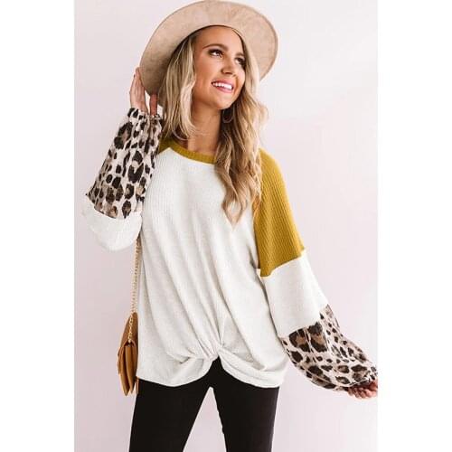 New all-match womens t-shirts leopard loose long sleeve t-shirt o-neck pullover white fashion top female