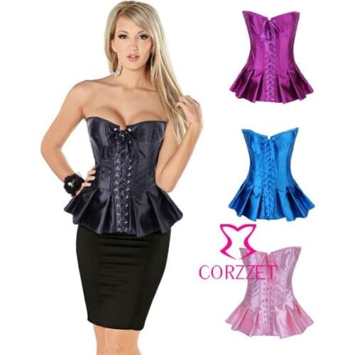Gothic Corsets Fashion Sexy Women Satin Black/ Blue/ Pink Purple Hook Eye Overbust Ruffles Waist Trainer Bustiers For Woman