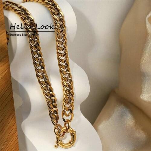 HelloLook Hot 10mm Thick Miami Cuban Chain Necklace for Men 18K Gold Stainless Steel Hip Hop Rock Large Flat Curb Necklace