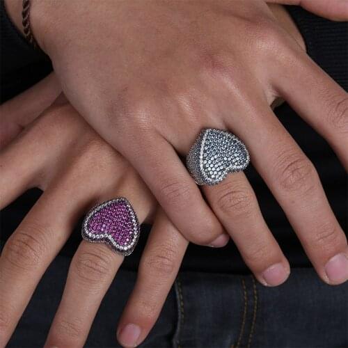 Pink/White CZ Stone Paved Bling Ice Out Heart Shape Men Women Rings White Gold Color Men Big Wide Hip Hop Ring Jewelry Size 7-11