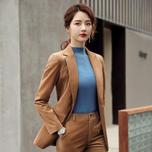 Autumn spring suit Corduroy Womens elegant blazer pants and jacket clothing short Business coat 2 piece sets female pants suit