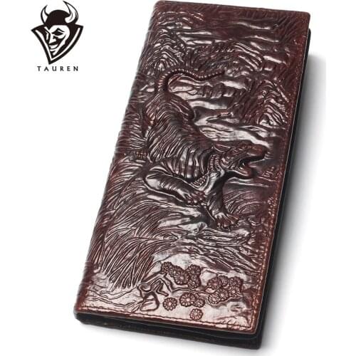 Mens Tiger Long Wallet Oil Leather Crazy Horse 100% Genuine Purse Top Grade Soft Branded Coin For Men