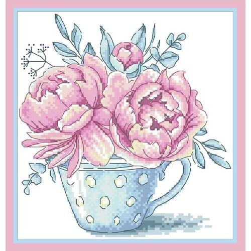 Peony on A Teacup Stamped Cross Stitch Embroidery Complete Kit Flowers Needlework Sets 11CT 14CT Diy Crafts Home Decor Paintings