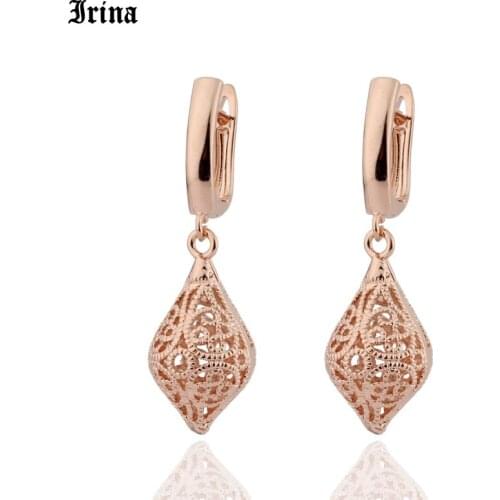 Fashion Carve Hollow Flower Dangle Drop Earrings Water Drop 585 Rose Gold Color Jewelry Wedding Party Fine Trendy Jewelry Gift