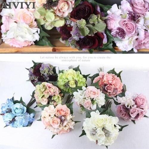Touch latex Wedding of the bride hand artificial rose silk peony hydrangea flower hybrid bouquet home wedding DIY decoration
