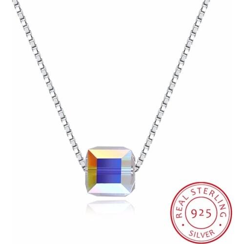 Lekani Fine Jewelry Multicolor Cube Bead Crystal From Swarovski Pendants Necklaces Simple Fashion S925 Silver Collares For Women