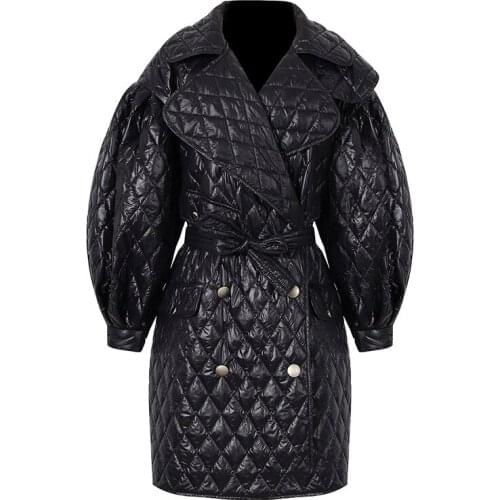 Black Jacket Women Splicing Argyle Cotton Coat Notched Long Sleeve Lace Up Bowknot Parkas Female Fashion Winter Womens Jacket
