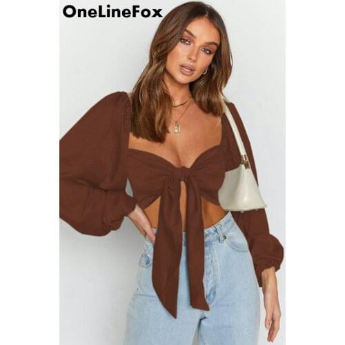 OneLineFox Womens Solid Sexy Bandage Halter Chiffon Shirt Floral Ruffle Long Sleeve Backless Club Party Wrap Slim Streetwear