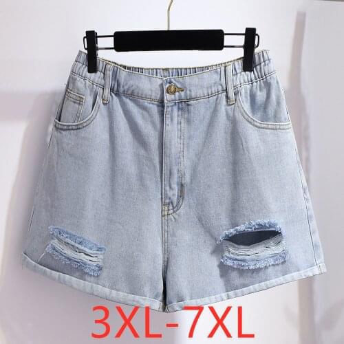 New 2021 summer plus size denim shorts for women large loose casual wide leg hole pocket jeans shorts blue 3XL 4XL 5XL 6XL 7XL