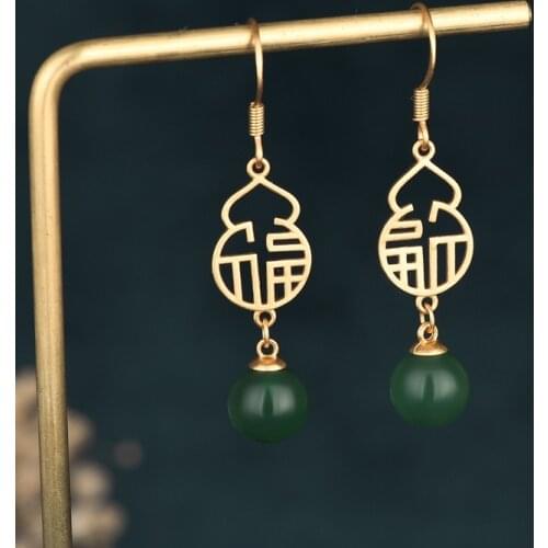 Retro Hollow Gourd Green Jade Earrings for Women Elegant Vintage Palace Ethnic Dating Jewelry 2021 Trend Fashion Friends Gift M4