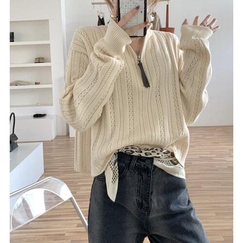 Women Knit Sweater Fall Winter Casual Loose Stand Collar Zipper Twist Warm Pullover For Female Minimalist Solid Color Jumpers