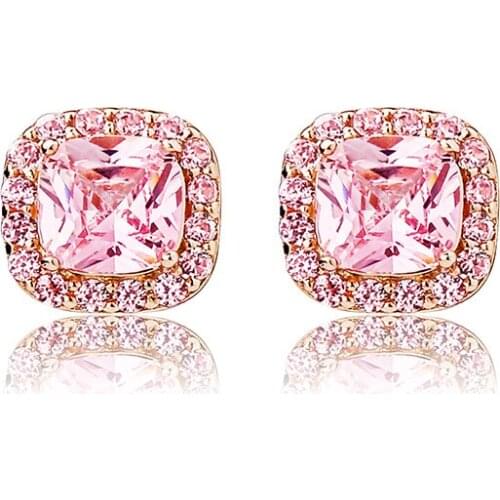 1Pair S925 Sterling Silver Pink Zircon Set Bling Ice Out Lovely Stud Earrings for Women Ladies Hip Hop Rapper Jewelry Gift