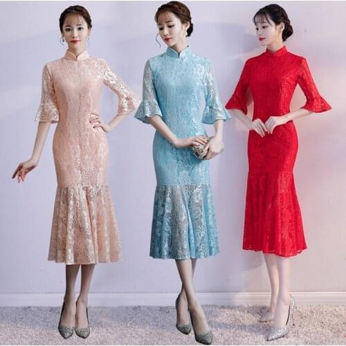 Women Vintage Chinese Traditional Dress Fishtail Lace Lady Party Cheongsam Short Sleeve Oriental Qipao Evening Party Dresses 90