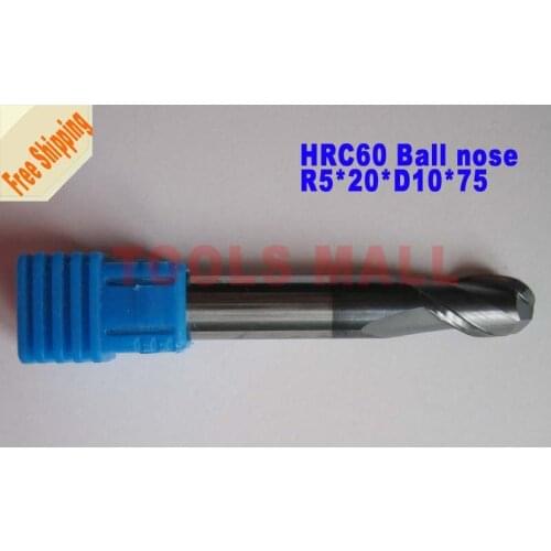 Free shipping - 2pcs 10mm 2 Flutes Ball nose Spiral Bit Milling Tools Carbide CNC Endmill Router bits hrc60 R5*20*D10*75