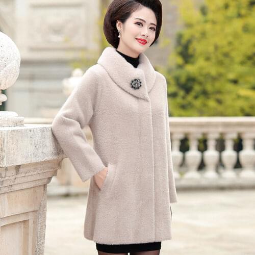 2020 Middle-aged Women Autumn Winter Thick Warm Imitation Mink Cashmere Wool Coat Elegant Outerwear Mother Mid-Long Overcoat O94