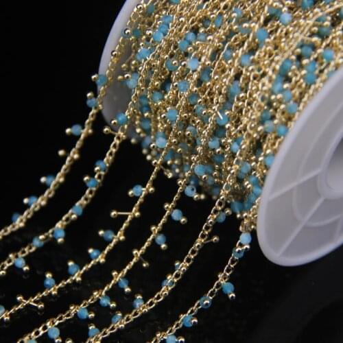 5Meter 2mm Faceted Round Beads Blue Apatite Rosary Chain,With Gold Color Wire Wrapped Chain DIY Necklace Bracelet Sweater Chains