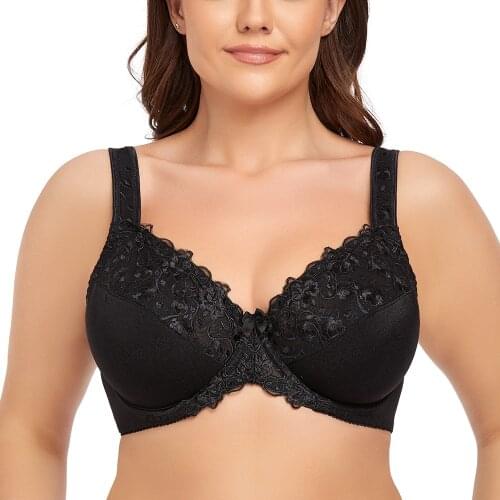 Minimizer Bra Plus Size Women Full Coverage Non-Padded Underwire Lace Black Floral Embroidery For Female C D DD DDD E F G H