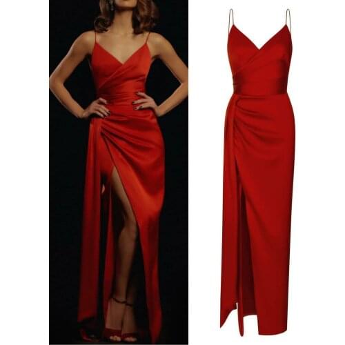 Elegant A-Line Long Satin V-Neck Prom Dresses Spaghetti Criss Cross Back Floor Length Robe De Soiree Red Formal Party Gown