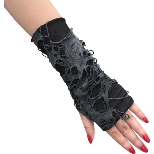 Gothic Punk Rock Black Fingerless Gloves Hollow Out Distressed Halloween Mittens F42F